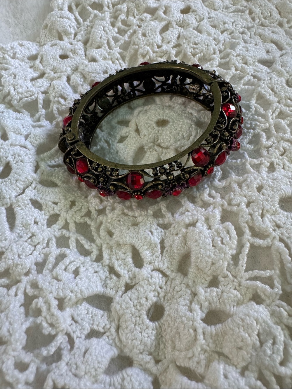 Source Unknown Bronze Filigree Bracelet with Red Crystals
